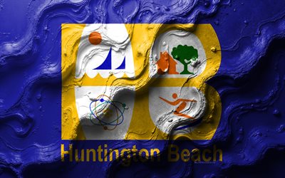 huntington plajı bayrağı, 4k, taş dalga dokusu, amerika şehirlerinin bayrakları, 3d huntington plajı bayrağı, amerika, huntington beach şehrinin bayrağı, huntington beach şehir bayrağı, huntington plajı, kaliforniya