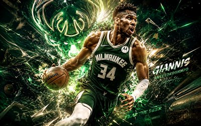 4k, giannis antetokounmpo, vihreä digitaalinen tausta, milwaukee bucks, nba, kreikkalaiset koripalloilijat, giannis antetokounmpo 4k, koripallo, fanitaidetta, milwaukee bucksin logo, giannis antetokounmpo milwaukee bucks