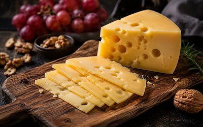 جبن, 4k, خوخه, العنب, الجوز, جبن مقطع, لوحة خشبية, جبن ريفي, عنب جبن, الصورة مع الجبن