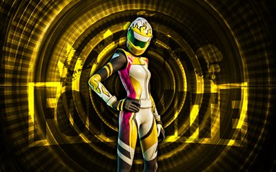 pitstop giallo fortnite, 4k, sfondo a spirale giallo, fortnite, creativo, pelle pitstop gialla, skin pitstop gialla di fortnite, pit stop giallo, personaggi di fortnite