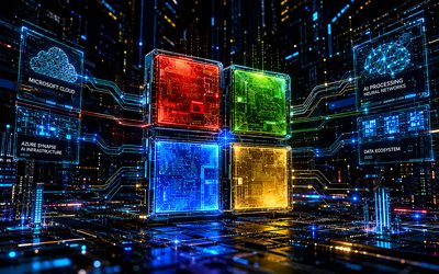 4k, Microsoft 3D logo, darkness, colorful futuristic background, colorful neon rays, software brands, Microsoft neon logo, brands, Microsoft logo, Microsoft