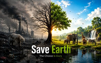 4k, environmental pollution, 3D art, animals, ecology concepts, protect nature, environment concepts, eco concepts, heavy industry, Save Earth, harm to the environment, green tree and factories, Save Earth concepts