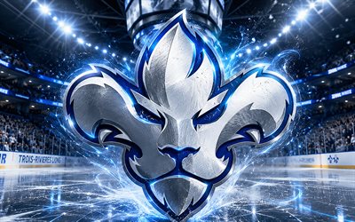 4k, Trois-Rivieres Lions metal logo, spotlights, ice arena, ECHL, creative, hockey, Trois-Rivieres Lions logo, hockey stadium, Trois-Rivieres Lions 3D logo, american hockey team, Trois-Rivieres Lions