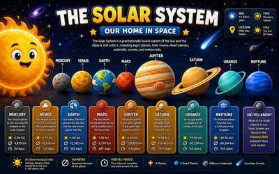 4k, Solar system planets, planets inscriptions, cartoon art, astronomy, universe, Sun, Mercury, Venus, Earth, Mars, Jupiter, Saturn, Uranus, Neptune, Solar system, planets, planetary system, galaxy, Solar system concepts