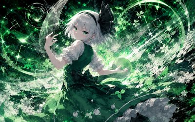 4k, Youmu Konpaku, artwork, green abstract background, Touhou Project, manga, green glare, Touhou characters, Touhou, Konpaku Youmu, anime characters, Torii, Youmu Konpaku Touhou
