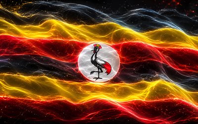 uganda parlayan bayrak, 4k, karanlık, uganda bayrağı, uganda günü, 3 boyutlu sanat, uganda neon bayrağı, neon dalgaları uganda bayrağı, uganda 3d bayrağı, uganda soyut bayrağı, uganda