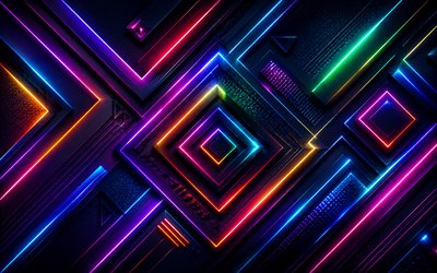4k, colorful neon figures, futuristic art, darkness, geomteric shapes, futuristic 3D background, creative, dark 3D background, artwork, colorful abstract background, colorful neon lights, shapes, 3D backgrounds