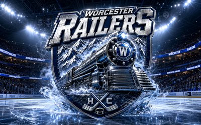 4k, Worcester Railers metal logo, spotlights, ice arena, ECHL, creative, hockey, Worcester Railers logo, hockey stadium, Worcester Railers 3D logo, american hockey team, Worcester Railers