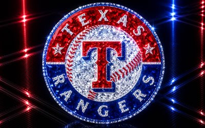 logotipo de los rangers de texas, fondo metálico azul, emblema de los rangers de texas, signo de cristal de los texas rangers, grandes ligas, eeuu, béisbol, rangers de texas