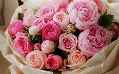 ramo de peonías rosas rosadas, 4k, papel blanco, ramo de rosas, hermosas flores, rosas rosadas, peonía rosa, fondo con rosas, flores rosadas, rosas, peonía