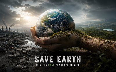 4k, Save Earth, environmental pollution, Take care of life, Earth in hand, factory, 3D art, ecology concepts, protect nature, environment concepts, eco concepts, heavy industry, harm to the environment