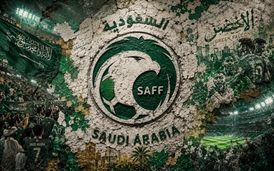 شعار المنتخب السعودي لكرة القدم, 4k, خلفية الحجر, المنتخب السعودي لكرة القدم, كأس العالم لكرة القدم 2026, فن جدارية, كرة القدم, المملكة العربية السعودية