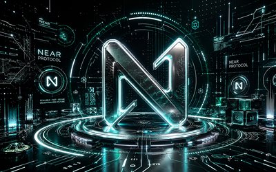 NEAR Protocol 3D logo, 4k, dark futuristic background, cryptocurrencies, turquoise neon rays, NEAR Protocol futuristic logo, brands, NEAR Protocol cryptocurrency, blockchain, NEAR Protocol logo, NEAR Protocol