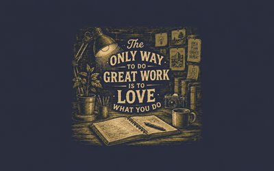 ainoa tapa tehdä suurta työtä on rakastaa sitä, mitä teet, steve jobs, painataidetta, sininen tausta, steve jobs lainaa, motivaatio, inspiraatiota