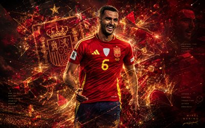 mikel merino, selección de fútbol de españa, fan art, fondo de líneas abstractas amarillo rojo, mikel merino zazón, arte creativo, logotipo de la selección de fútbol de españa, fútbol americano, mikel merino españa