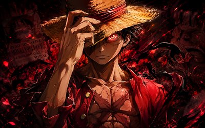4k, Monkey D Luffy, red eyes, 3D art, One Piece, Gear Fifth, manga, darkness, One Piece characters, Monkey D Luffy chibi, Gear 5, artwork, Gomu Gomu no Mi, Monkey D Luffy One Piece