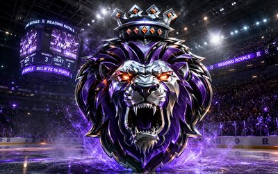 4k, Reading Royals metal logo, spotlights, ice arena, ECHL, creative, hockey, Reading Royals logo, hockey stadium, Reading Royals 3D logo, american hockey team, Reading Royals