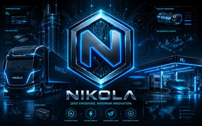 nikola 3d logo, 4k, sininen futuristinen tausta, luova, siniset neonsäteet, nikola metalli logo, nikola futuristinen logo, kuorma autojen merkit, nikola logo, nikola