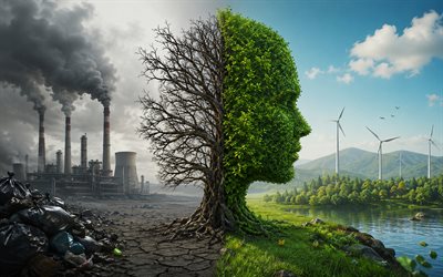 4k, contaminación ambiental, plantas de energía eólica, fábrica, árbol medio seco, fumar, arte 3d, conceptos de ecología, proteger la naturaleza, conceptos ambientales, conceptos ecológicos, industria pesada, daño al medio ambiente, árbol verde y fábricas