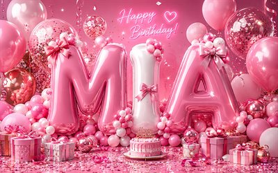 4k, mía feliz cumpleaños, fondo rosa, nombre de mia, cajas de regalo rosas, cumpleaños de mía, globos 3d, globos blancos rosados, feliz cumpleaños mía, foto con el nombre de mia, desaparecido en combate