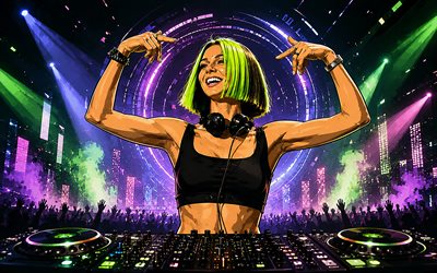neiti monique, 4k, vektori taidetta, värikäs abstrakti tausta, ukrainalainen dj, musiikin tähdet, dj konsoli, edm, supertähtiä, alesia arkush, ukrainan julkkis, neiti moniqueart, suosittu dj, neiti monique 4k