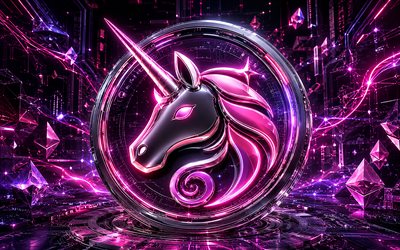 Uniswap 3D logo, 4k, purple futuristic background, cryptocurrencies, purple neon rays, Uniswap futuristic logo, brands, Uniswap cryptocurrency, blockchain, Uniswap logo, Uniswap