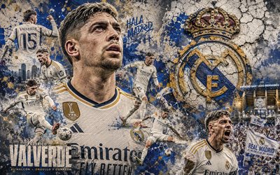 فيديريكو فالفيردي, ريال مدريد, 4k, خلفية الحجر, شعار ريال مدريد, فيديريكو فالفيردي ريال مدريد, فن جدارية, كرة القدم, نادي ريال مدريد لكرة القدم, فيديريكو سانتياغو فالفيردي ديبيتا, فالفيردي ريال مدريد