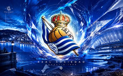 Real Sociedad, 4k, Spanish football club, Real Sociedad logo, football art, blue white abstract background, Real Sociedad emblem, La Liga, football, Spain, Reale Arena