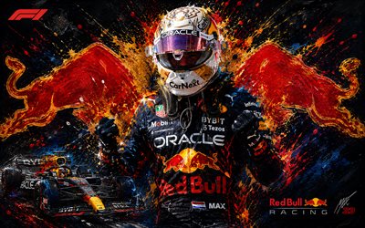 max verstappen, carreras de toro rojo, piloto de carreras holandés, arte de salpicaduras de pintura, f1, fórmula uno, oráculo red bull racing, fórmula 1, el arte de max verstappen