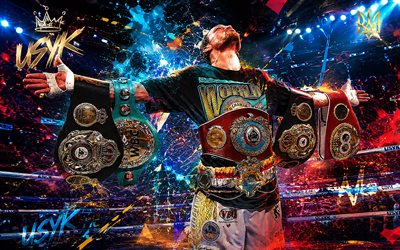 Oleksandr Usyk, 4k, boxing ring, colorful futuristic background, Ukrainian professional boxer, World Champion, The Cat, Oleksandr Usyk Art, Ukraine, Oleksandr Usyk with belts, IBO, boxing, Oleksandr Usyk 4K