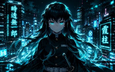 Muichiro Tokito, 4k, turquoise neon signs, nightscape, Kimetsu no Yaiba, skyscrapers, manga, protagonist, Demon Slayer Corps, Tokito Muichiro, Demon Slayer, Muichiro Tokito Kimetsu no Yaiba