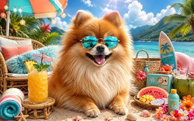 pomeranianpystykorva, 4k, kesä, trooppinen ranta, rantatarvikkeet, meri, aurinkotuoli, aurinkolasit, pomeranian spitz rannalla, koirat, cocktail, söpöjä eläimiä, spitz, ranta, lemmikkejä, koira aurinkolaseissa, pomeranianpystykorvakoira