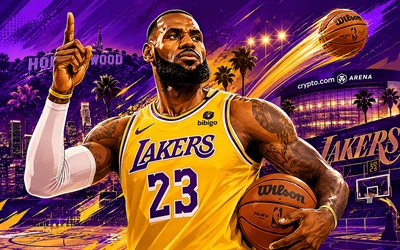 4k, LeBron James, vector art, Los Angeles Lakers, NBA, violet abstract background, fan art, Los Angeles Lakers logo, LeBron James art, basketball, LeBron James Lakers, LA Lakers, LeBron James 4K