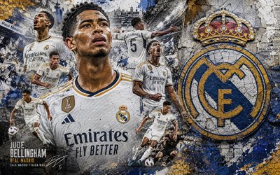 جود بيلينجهام, ريال مدريد, 4k, خلفية الحجر, شعار ريال مدريد, جود بيلينجهام ريال مدريد, فن جدارية, كرة القدم, نادي ريال مدريد لكرة القدم, بيلينجهام ريال مدريد