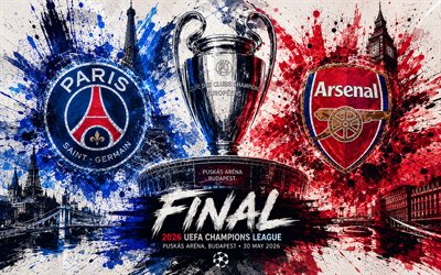 finale de l'uefa champions league 2026, psg contre arsenal fc, fond d'éclaboussures de peinture, psg, arsenal fc, ligue des champions, art 3d, final, paris saint germain contre arsenal, paris saint germain, arène puskás, budapest, football