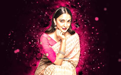 kiara advani, 4k, luci al neon viola, attrice indiana, bollywood, stelle del cinema, opera d'arte, immagine con kiara advani, celebrità indiana, kiara advani 4k