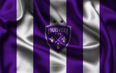 logotipo do louisville city fc, tecido de seda branca roxa, equipe de futebol americano, emblema do louisville city fc, campeonato da usl, louisville city fc, eua, futebol, bandeira do louisville city fc, usl