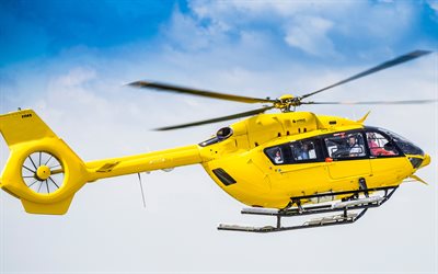 airbus h145, 4k, monikäyttöinen helikopterit, siviili ilmailu, keltainen helikopteri, ilmailu, lentävät helikopterit, airbus, kuvia helikopterilla, h145, eurocopter ec145, eurokopteri