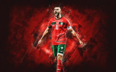 रोमेन सैस, मोरक्को राष्ट्रीय फुटबॉल टीम, चित्र, लाल पत्थर की पृष्ठभूमि, मोरक्को, ग्रंज कला, मोरक्को फुटबॉल खिलाड़ी, फ़ुटबॉल