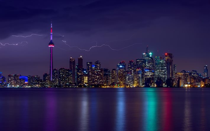 Toronto, gece, panorama, Yıldırım, Ontario, Kanada