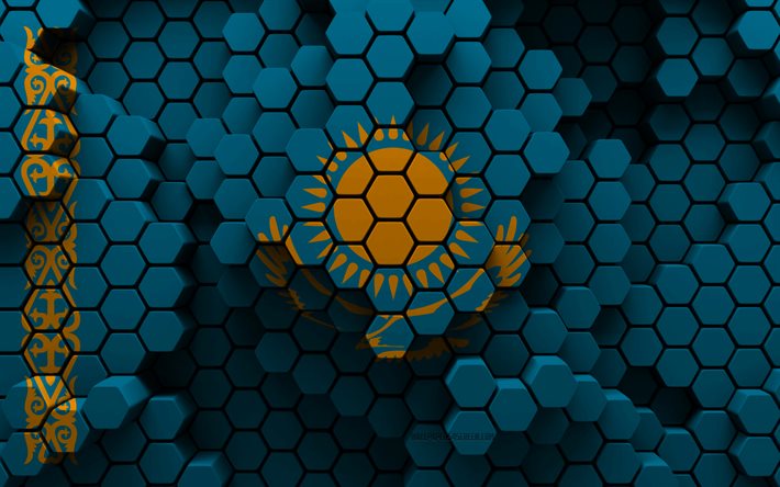4k, bandera de kazajstán, fondo hexagonal 3d, bandera 3d de kazajstán, día de kazajstán, textura hexagonal 3d, símbolos nacionales de kazajstán, kazajstán, países europeos