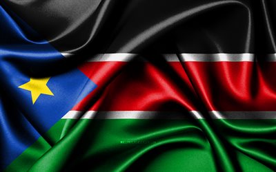 südsudan-flagge, 4k, afrikanische länder, stoffflaggen, tag des südsudan, flagge des südsudan, gewellte seidenflaggen, afrika, südsudan-nationalsymbole, südsudan