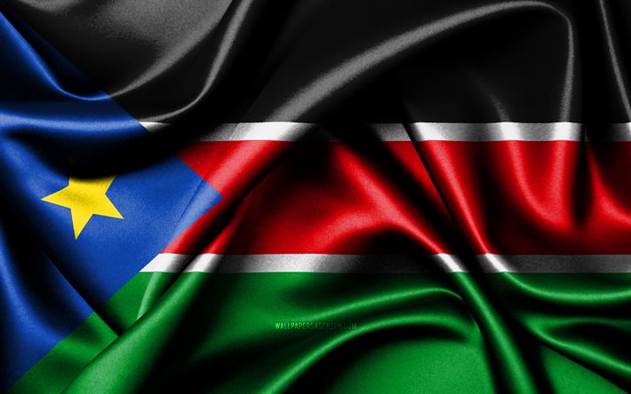 南スーダンの旗, 4k, アフリカ諸国, ファブリックフラグ, 南スーダンの日, 波状のシルクの旗, アフリカ, 南スーダンの国家のシンボル, 南スーダン