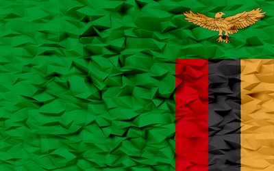 ザンビアの国旗, 4k, 3dポリゴンの背景, 3dポリゴンテクスチャ, ザンビアの日, 3dザンビアの旗, ザンビアの国家のシンボル, 3dアート, ザンビア