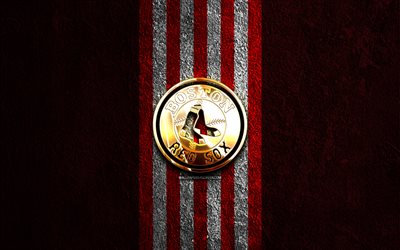 goldenes logo der boston red sox, 4k, hintergrund aus rotem stein, mlb, amerikanisches baseballteam, logo der boston red sox, baseball, boston red sox