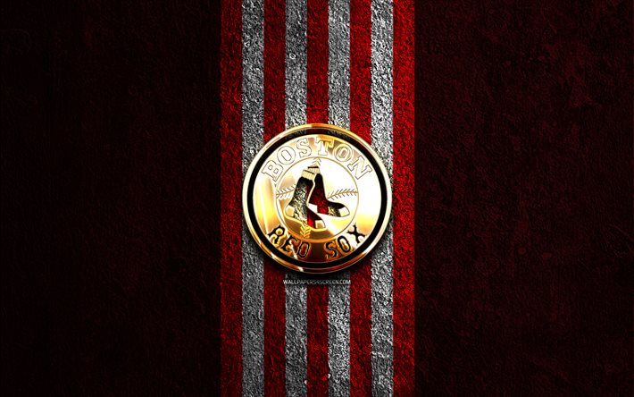 logo doré des boston red sox, 4k, fond de pierre rouge, mlb, équipe de baseball américaine, logo des boston red sox, baseball, boston red sox