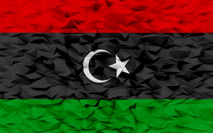 علم ليبيا, 4k, 3d المضلع الخلفية, 3d المضلع الملمس, يوم ليبيا, 3d علم ليبيا, رموز ليبيا الوطنية, فن ثلاثي الأبعاد, ليبيا