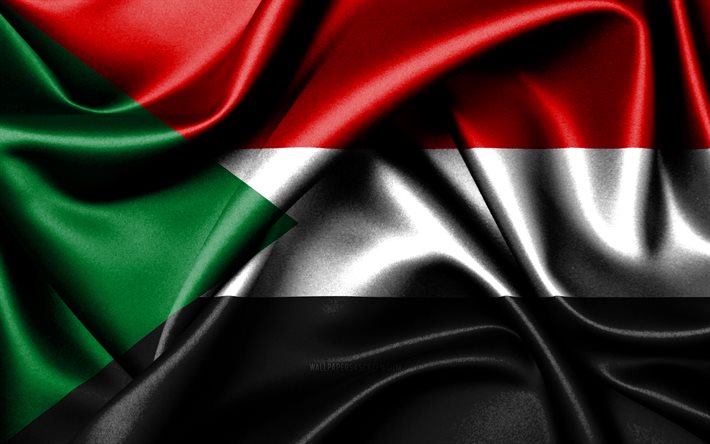 sudans flagga, 4k, afrikanska länder, tygflaggor, sudans dag, vågiga sidenflaggor, afrika, sudans nationella symboler, sudan