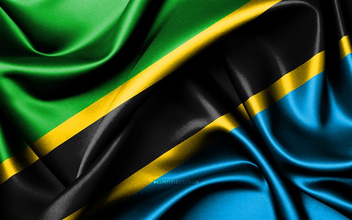 tanzanias flagga, 4k, afrikanska länder, tygflaggor, tanzanias dag, vågiga sidenflaggor, afrika, tanzanias nationella symboler, tanzania