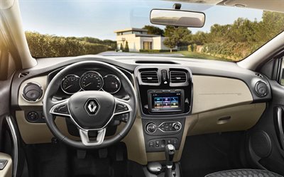 Renault Logan, front panel, interior, inside view, dashboard, Renault Logan interior, French cars, Renault